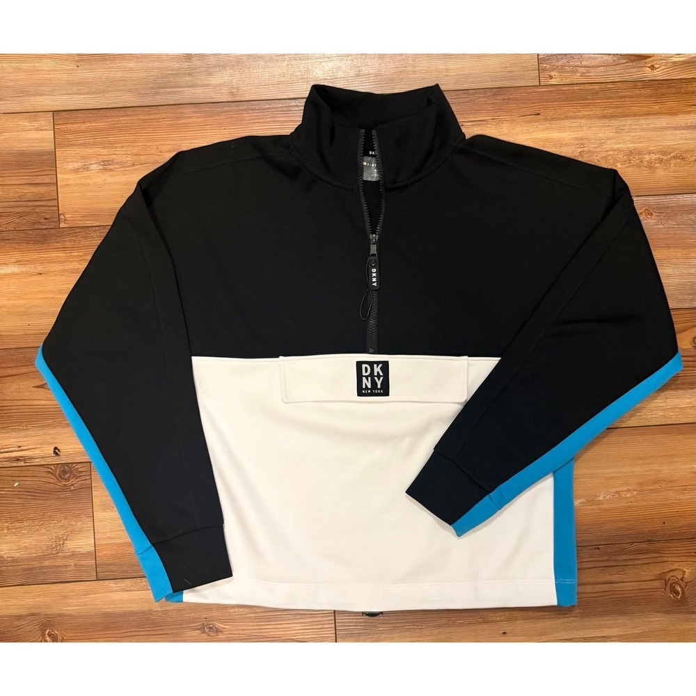 DKNY Sport Mens Colorblock Quarter Zip Sweatshirt Black White Blue M 1386927